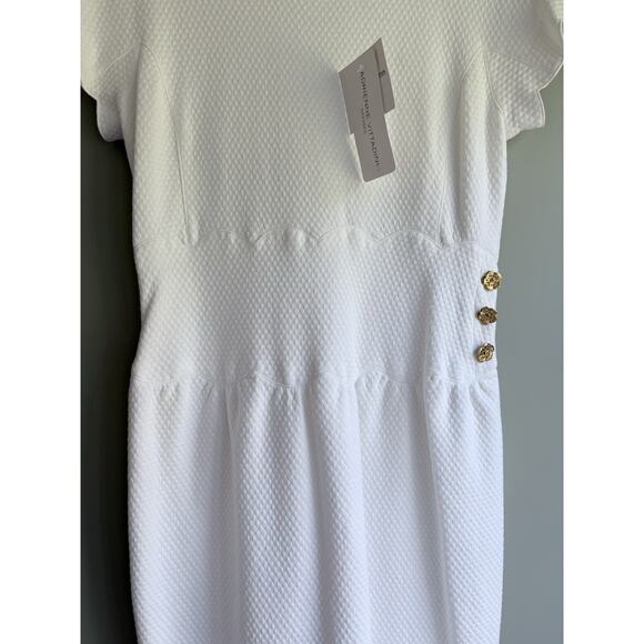 VTG Adrienne Vittadini White Cotton Dress Sz 10 Scalloped Textured Gold Button - Picture 6 of 16